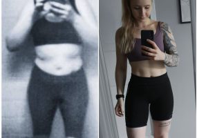 Før- og etterbilde av Hanne Elizabeth Skogheim i artikkel for Treningsglad.no